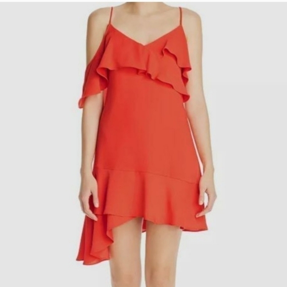 BCBG Paris Asymmetrical Ruffle Dress with Cold Shoulder Size XXSMALL